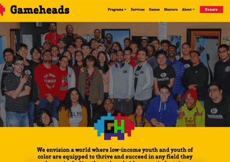 gif of the colorful Gameheads Oakland website, scrolls through the hompe page, with dynamic webpage animations and bright group pictures of the high school students in the program