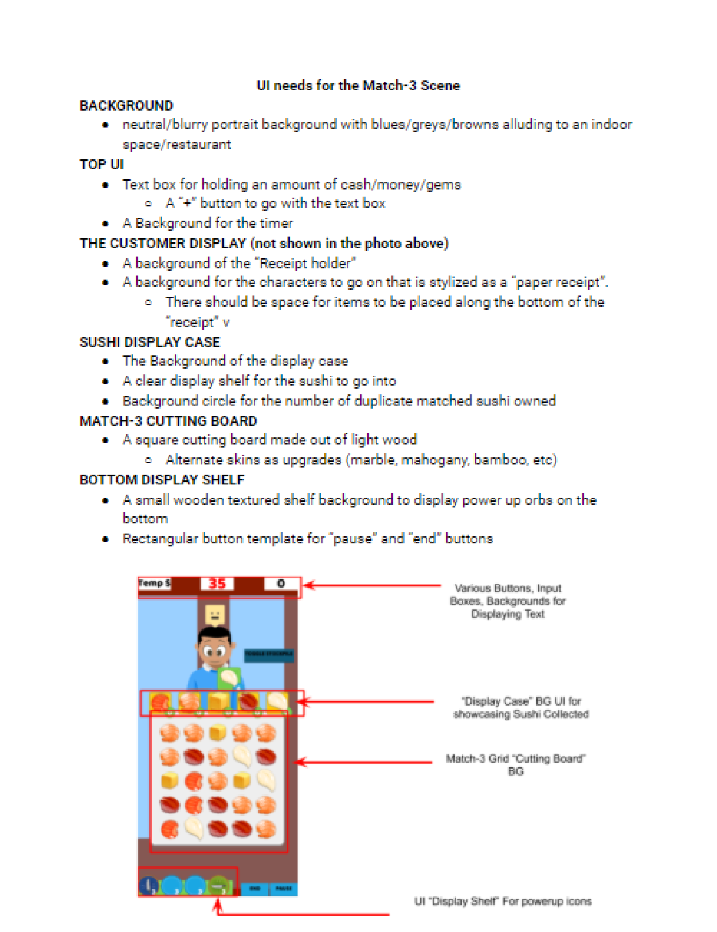 PDF of a game design document for a sushi-themed mobile match-3 game, a gameplay mockum image is displayed next to text detailing the structure of the game's mechanics and graphics, image leads to a full GDD PDF 